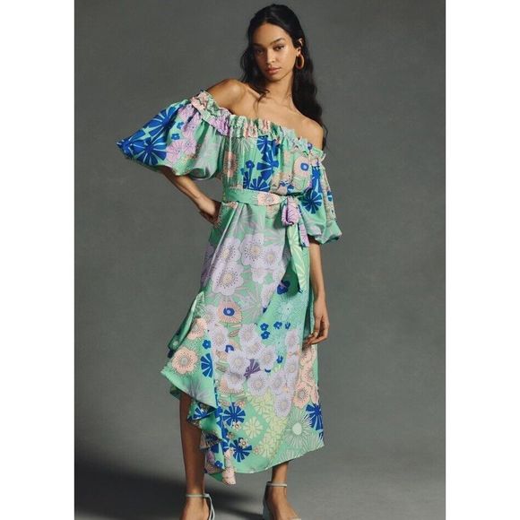 New ANTHROPOLOGIE Oopscool Off-the-Shoulder Printed Dress Sz Small - Picture 2 of 11